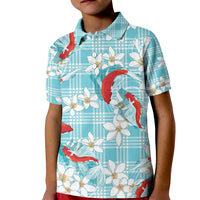 Turquoise Palaka Hawaii Aloha Kid Polo Shirt Koi Pond Mix Plumeria - Polynesian Pride