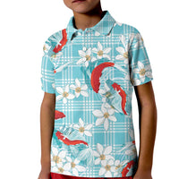 Turquoise Palaka Hawaii Aloha Kid Polo Shirt Koi Pond Mix Plumeria - Polynesian Pride