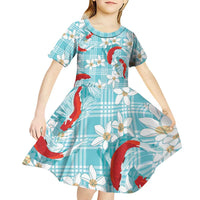 Turquoise Palaka Hawaii Aloha Kid Short Sleeve Dress Koi Pond Mix Plumeria - Polynesian Pride