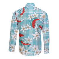 Turquoise Palaka Hawaii Aloha Long Sleeve Button Shirt Koi Pond Mix Plumeria - Polynesian Pride