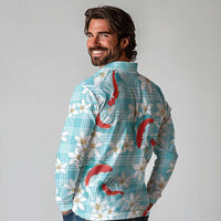 Turquoise Palaka Hawaii Aloha Long Sleeve Polo Shirt Koi Pond Mix Plumeria - Polynesian Pride