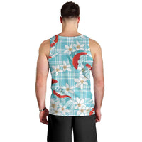Turquoise Palaka Hawaii Aloha Men Tank Top Koi Pond Mix Plumeria - Polynesian Pride