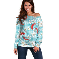 Turquoise Palaka Hawaii Aloha Off Shoulder Sweater Koi Pond Mix Plumeria - Polynesian Pride