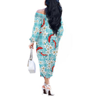 Turquoise Palaka Hawaii Aloha Off The Shoulder Long Sleeve Dress Koi Pond Mix Plumeria - Polynesian Pride