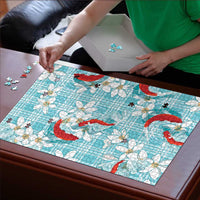 Turquoise Palaka Hawaii Aloha Puzzle Koi Pond Mix Plumeria - Polynesian Pride