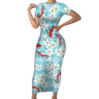 Turquoise Palaka Hawaii Aloha Short Sleeve Bodycon Dress Koi Pond Mix Plumeria LT7 Long Dress Turquoise - Polynesian Pride