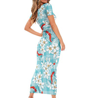 Turquoise Palaka Hawaii Aloha Short Sleeve Bodycon Dress Koi Pond Mix Plumeria LT7 - Polynesian Pride