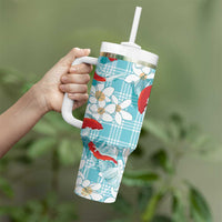 Turquoise Palaka Hawaii Aloha Tumbler With Handle Koi Pond Mix Plumeria - Polynesian Pride