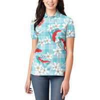 Turquoise Palaka Hawaii Aloha Women Polo Shirt Koi Pond Mix Plumeria LT7 - Polynesian Pride