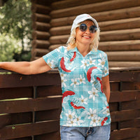 Turquoise Palaka Hawaii Aloha Women Polo Shirt Koi Pond Mix Plumeria LT7 - Polynesian Pride