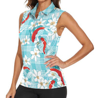 Turquoise Palaka Hawaii Aloha Women Sleeveless Polo Shirt Koi Pond Mix Plumeria - Polynesian Pride