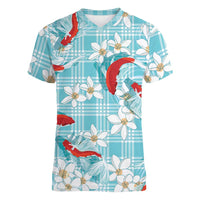 Turquoise Palaka Hawaii Aloha Women V-Neck T-Shirt Koi Pond Mix Plumeria LT7 Female Turquoise - Polynesian Pride
