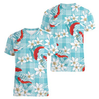 Turquoise Palaka Hawaii Aloha Women V-Neck T-Shirt Koi Pond Mix Plumeria LT7 - Polynesian Pride