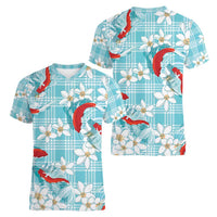Turquoise Palaka Hawaii Aloha Women V-Neck T-Shirt Koi Pond Mix Plumeria - Polynesian Pride