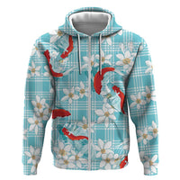 Turquoise Palaka Hawaii Aloha Zip Hoodie Koi Pond Mix Plumeria - Polynesian Pride