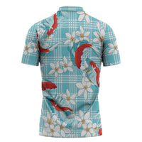 Turquoise Palaka Hawaii Aloha Zipper Polo Shirt Koi Pond Mix Plumeria - Polynesian Pride