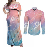 Aloha Hawaii Floral Tapa Couples Matching Off Shoulder Maxi Dress and Long Sleeve Button Shirt Patchwork Pastel Candy - Polynesian Pride
