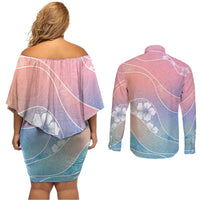 Aloha Hawaii Floral Tapa Couples Matching Off Shoulder Short Dress and Long Sleeve Button Shirt Patchwork Pastel Candy - Polynesian Pride