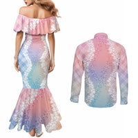 Hawaii Aloha Plumeria Lei Pastel Candy Palaka Couples Matching Mermaid Dress and Long Sleeve Button Shirt - Polynesian Pride