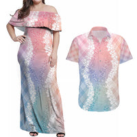 Hawaii Aloha Plumeria Lei Pastel Candy Palaka Couples Matching Off Shoulder Maxi Dress and Hawaiian Shirt - Polynesian Pride