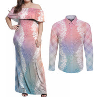 Hawaii Aloha Plumeria Lei Pastel Candy Palaka Couples Matching Off Shoulder Maxi Dress and Long Sleeve Button Shirt - Polynesian Pride