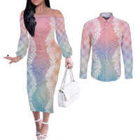 Hawaii Aloha Plumeria Lei Pastel Candy Palaka Couples Matching Off The Shoulder Long Sleeve Dress and Long Sleeve Button Shirt - Polynesian Pride