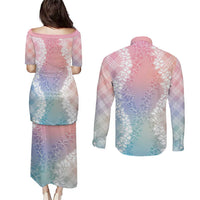 Hawaii Aloha Plumeria Lei Pastel Candy Palaka Couples Matching Puletasi and Long Sleeve Button Shirt - Polynesian Pride