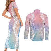 Hawaii Aloha Plumeria Lei Pastel Candy Palaka Couples Matching Short Sleeve Bodycon Dress and Long Sleeve Button Shirt - Polynesian Pride