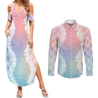 Hawaii Aloha Plumeria Lei Pastel Candy Palaka Couples Matching Summer Maxi Dress and Long Sleeve Button Shirt LT7 Pastel - Polynesian Pride