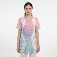 Hawaii Aloha Plumeria Lei Pastel Candy Palaka Scrub Top - Polynesian Pride