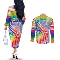 Aloha Pride Rainbow Tie Dye Couples Matching Off The Shoulder Long Sleeve Dress and Long Sleeve Button Shirt Humpback Whale - Love is Love LT7 - Polynesian Pride