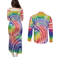 Aloha Pride Rainbow Tie Dye Couples Matching Puletasi and Long Sleeve Button Shirt Humpback Whale - Love is Love