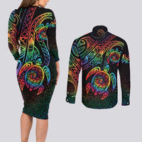 Hawaii Pride Couples Matching Long Sleeve Bodycon Dress and Long Sleeve Button Shirt Rainbow Swirls
