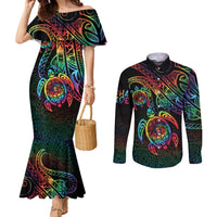 Hawaii Pride Couples Matching Mermaid Dress and Long Sleeve Button Shirt Rainbow Swirls