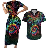 Hawaii Pride Couples Matching Short Sleeve Bodycon Dress and Hawaiian Shirt Rainbow Swirls LT7 Colorful - Polynesian Pride