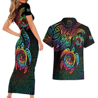 Hawaii Pride Couples Matching Short Sleeve Bodycon Dress and Hawaiian Shirt Rainbow Swirls LT7 - Polynesian Pride