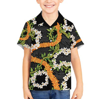 Aloha Festive Hawaii Family Matching Off Shoulder Short Dress and Hawaiian Shirt Mokihana - Maile and Ilima on Black - Polynesian Pride