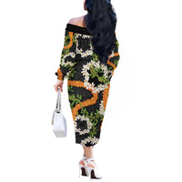 Aloha Festive Hawaii Off The Shoulder Long Sleeve Dress Mokihana - Maile and Ilima on Black LT7 - Polynesian Pride