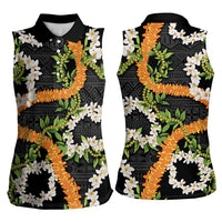 Aloha Festive Hawaii Women Sleeveless Polo Shirt Mokihana - Maile and Ilima on Black - Polynesian Pride
