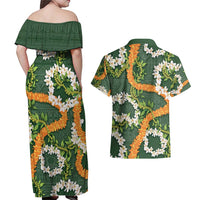 Aloha Festive Hawaii Couples Matching Off Shoulder Maxi Dress and Hawaiian Shirt Mokihana - Maile and Ilima on Forest Green - Polynesian Pride