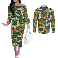 Aloha Festive Hawaii Couples Matching Off The Shoulder Long Sleeve Dress and Long Sleeve Button Shirt Mokihana - Maile and Ilima on Forest Green - Polynesian Pride