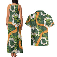 Aloha Festive Hawaii Couples Matching Tank Maxi Dress and Hawaiian Shirt Mokihana - Maile and Ilima on Forest Green - Polynesian Pride