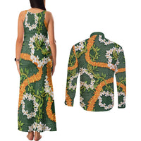 Aloha Festive Hawaii Couples Matching Tank Maxi Dress and Long Sleeve Button Shirt Mokihana - Maile and Ilima on Forest Green - Polynesian Pride