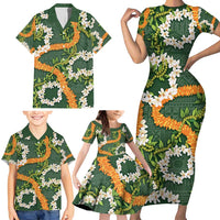 Aloha Festive Hawaii Family Matching Short Sleeve Bodycon Dress and Hawaiian Shirt Mokihana - Maile and Ilima on Forest Green - Polynesian Pride