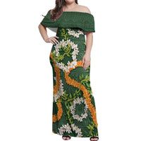 Aloha Festive Hawaii Off Shoulder Maxi Dress Mokihana - Maile and Ilima on Forest Green - Polynesian Pride