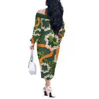 Aloha Festive Hawaii Off The Shoulder Long Sleeve Dress Mokihana - Maile and Ilima on Forest Green LT7 - Polynesian Pride