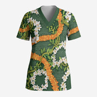 Aloha Festive Hawaii Scrub Top Mokihana - Maile and Ilima on Forest Green - Polynesian Pride