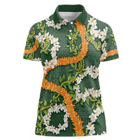 Aloha Festive Hawaii Women Polo Shirt Mokihana - Maile and Ilima on Forest Green - Polynesian Pride