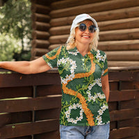 Aloha Festive Hawaii Women Polo Shirt Mokihana - Maile and Ilima on Forest Green - Polynesian Pride