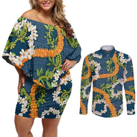 Aloha Festive Hawaii Couples Matching Off Shoulder Short Dress and Long Sleeve Button Shirt Mokihana - Maile and Ilima on Navy Blue - Polynesian Pride